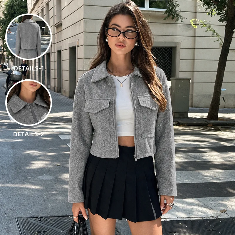 Women Wool Short Coats Jackets Blends Turn Down Collar Zipper Coat Thick Warm Y2k Streetwear Jacket Work Outerwear Autumn Winter