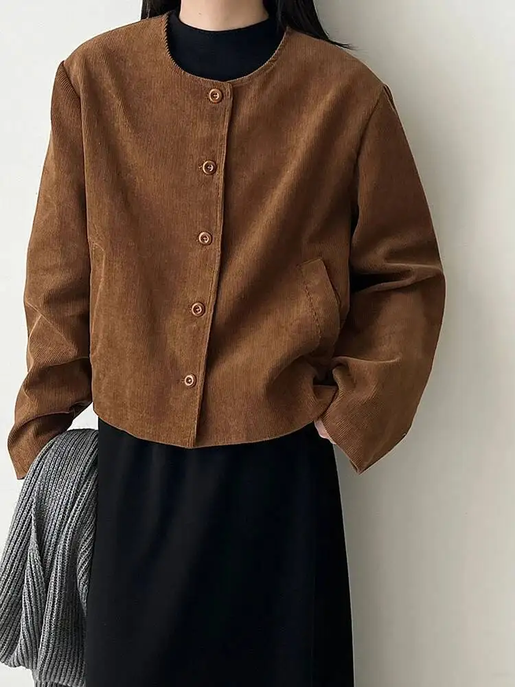 

Brown Gray Big Size Casual Short Jacket New Round Neck Long Sleeve Women Coat Fashion Tide Spring Autumn