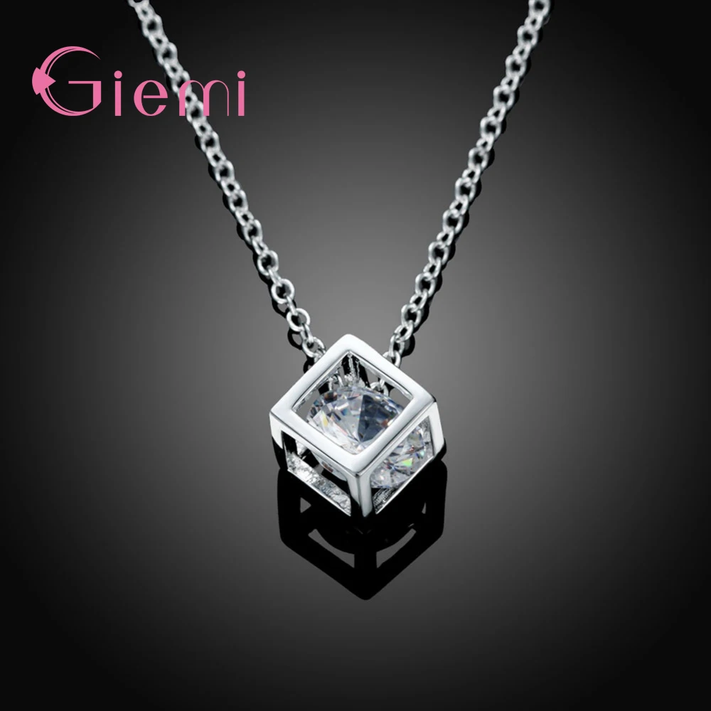 Delicate 925 Sterling Silver Color Jewelry With Cubic Zirconia Square Pendant Necklace Women Anniversary Lovely Gifts