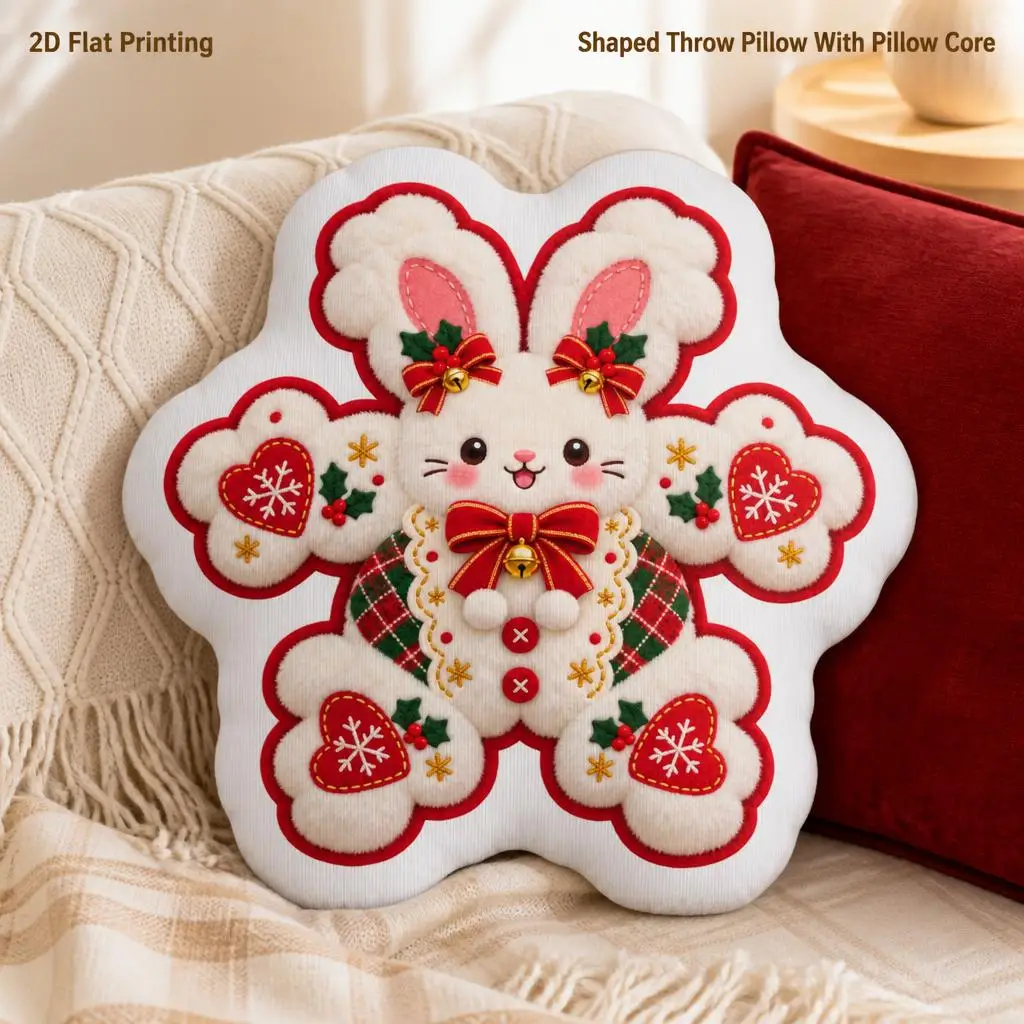 2D Flat Christmas Snowflake Rabbit Shaped Pillow Funny Gift Irregular Stuffed Pillows for Office Car Chair Sofa Home Decor