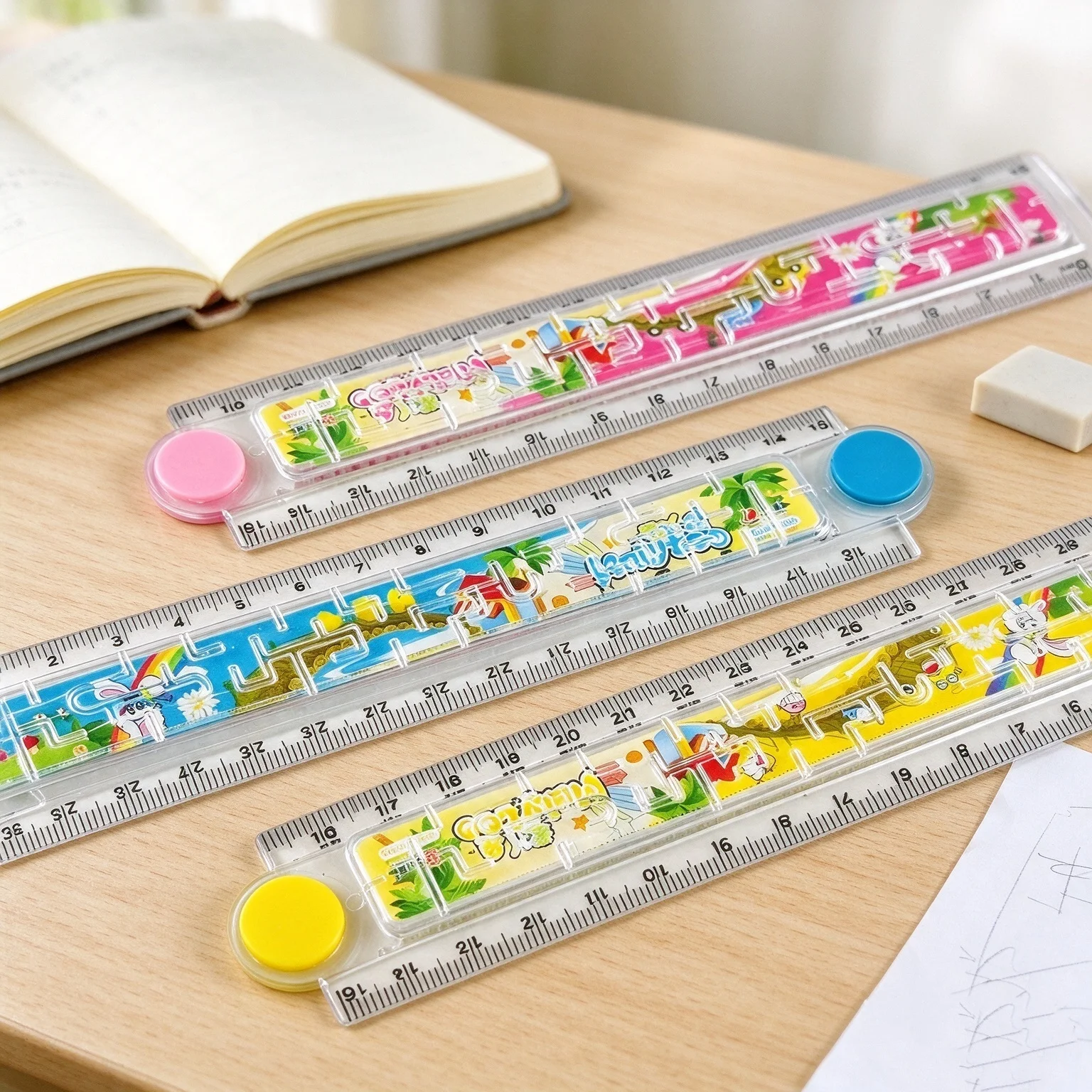 6/3 Pieces in Random Colors Cartoon Folding Multi-Functional Maze Ruler Plastic Ruler with Geometric Patterns for Elementary School Students a Great Companion for Back-To-School Season Makes Learning and Entertainment