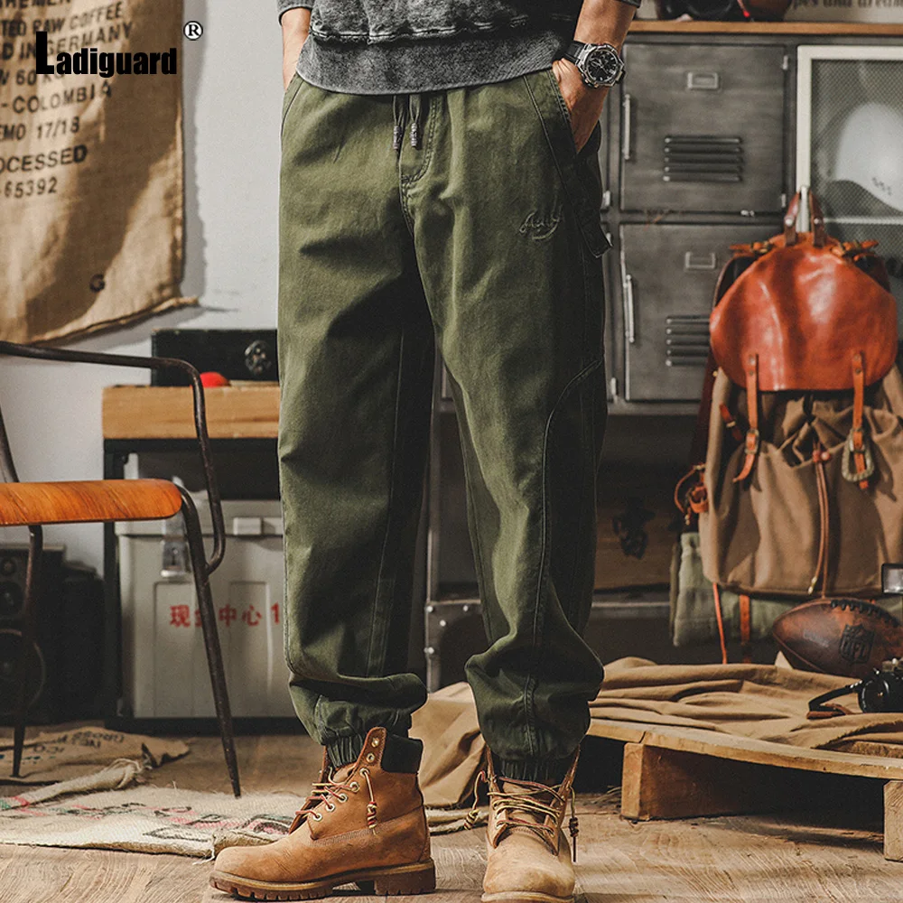 Ladiguard Plus Size Mens Cargo Pants 2023 Spring Moto & Bike Pants Male Zipper Pockets Trouser Army Green Outdoor Casual Pant