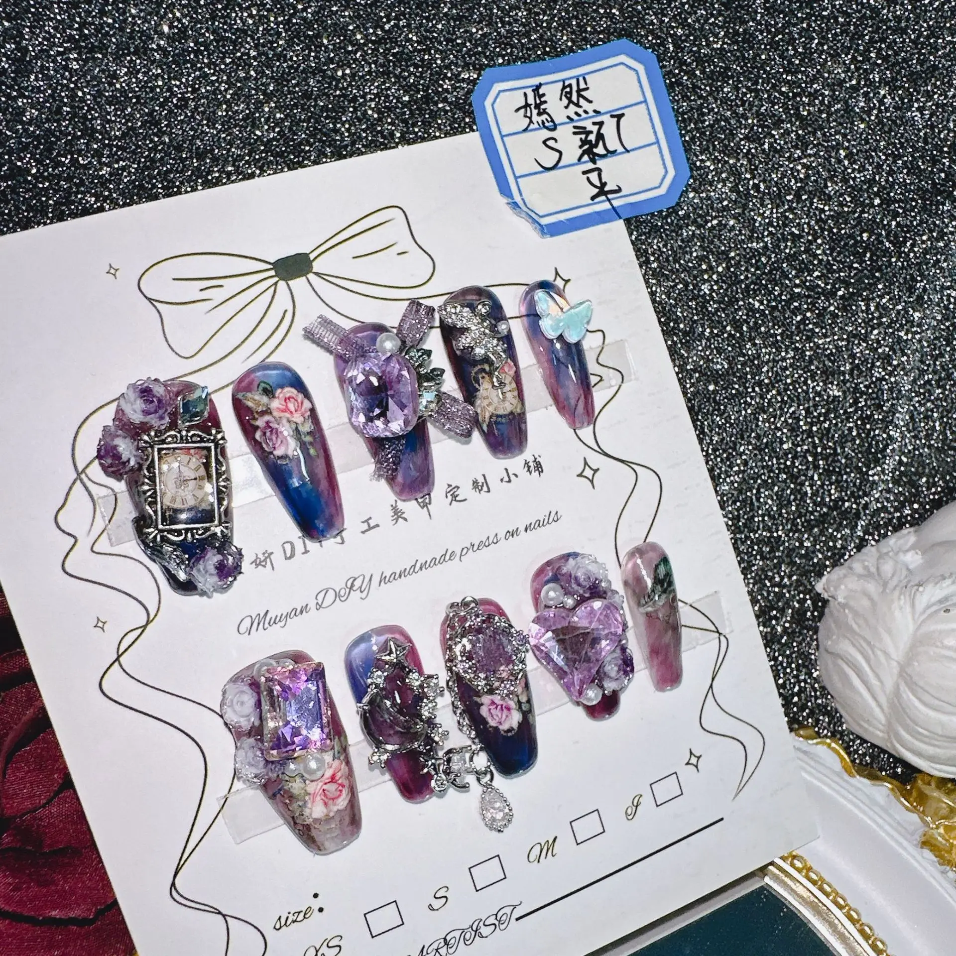 ملصقات فنية للأظافر مصنوعة يدويًا، أرجواني - أزرق متدرج، سهلة التطبيق وطويلة الأمد، مثالية للولائم #1