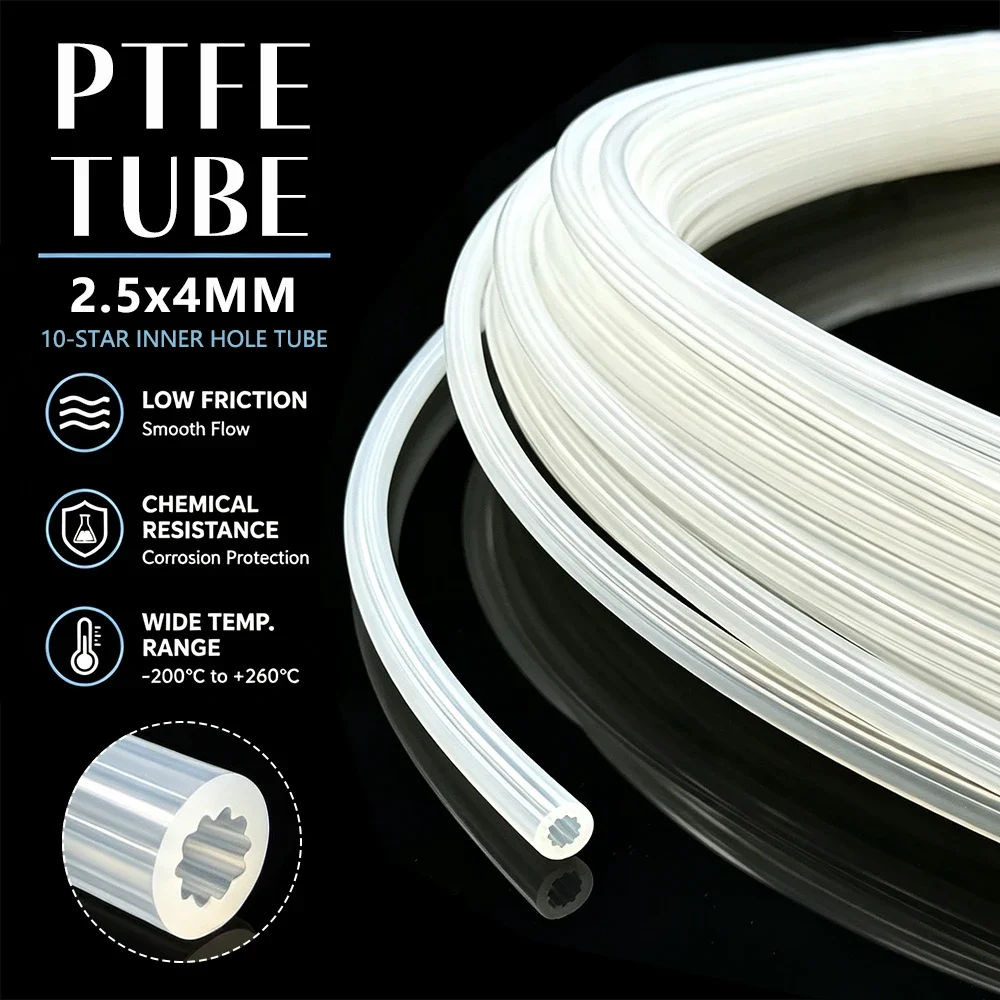 3D Printer PTFE Tube Teflonto 2.5×4mm Star-Shaped Inner High Temp Wear Resistant Smooth Filament Guide Pipe for 1.75mm Filament