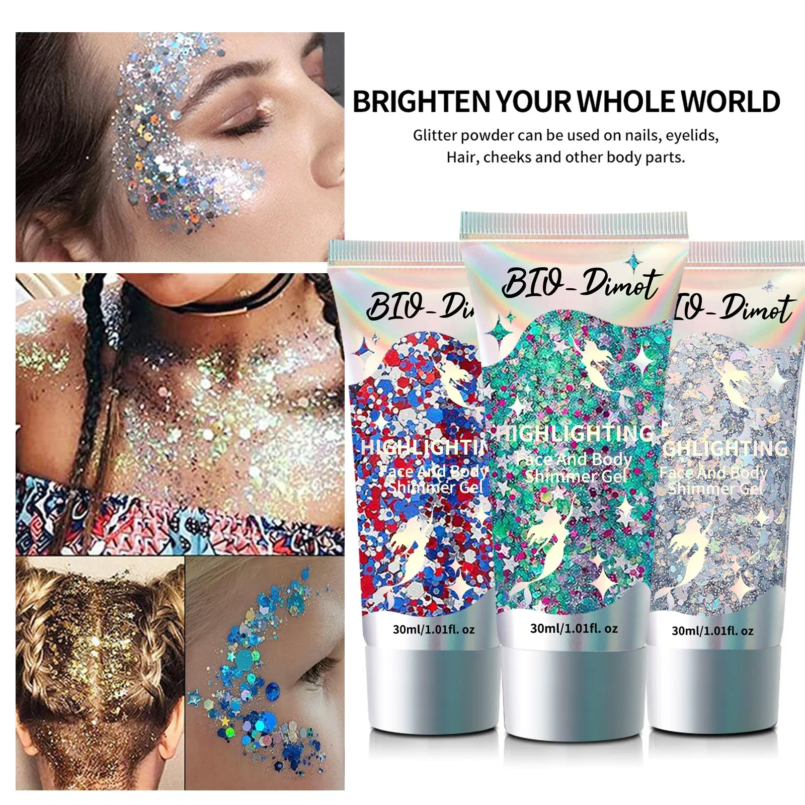 Mehrzweck-Sparkle-Creme 30 g – BIO-Dimot sprudelndes Schimmergel für Nägel, Augen, Haare, Wangen. Unverzichtbares Party- und Bühnenmake-up.