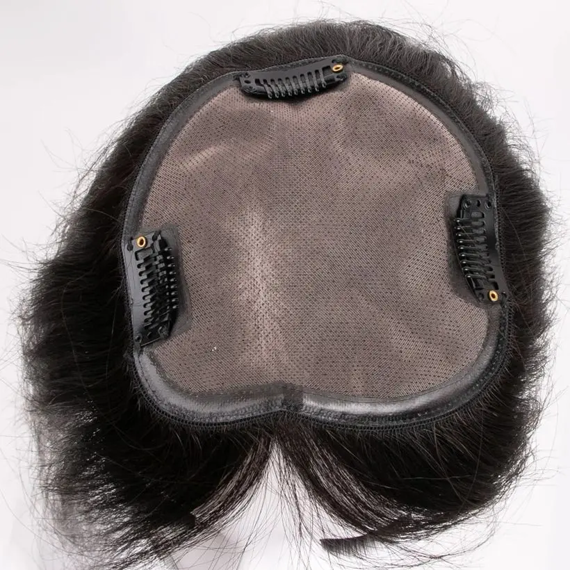 女性用バージン人毛ヘアピース、薄毛用ヘアピース、前髪なし、クリップ式ヘアピース、5x5インチモノトップベース、左分け