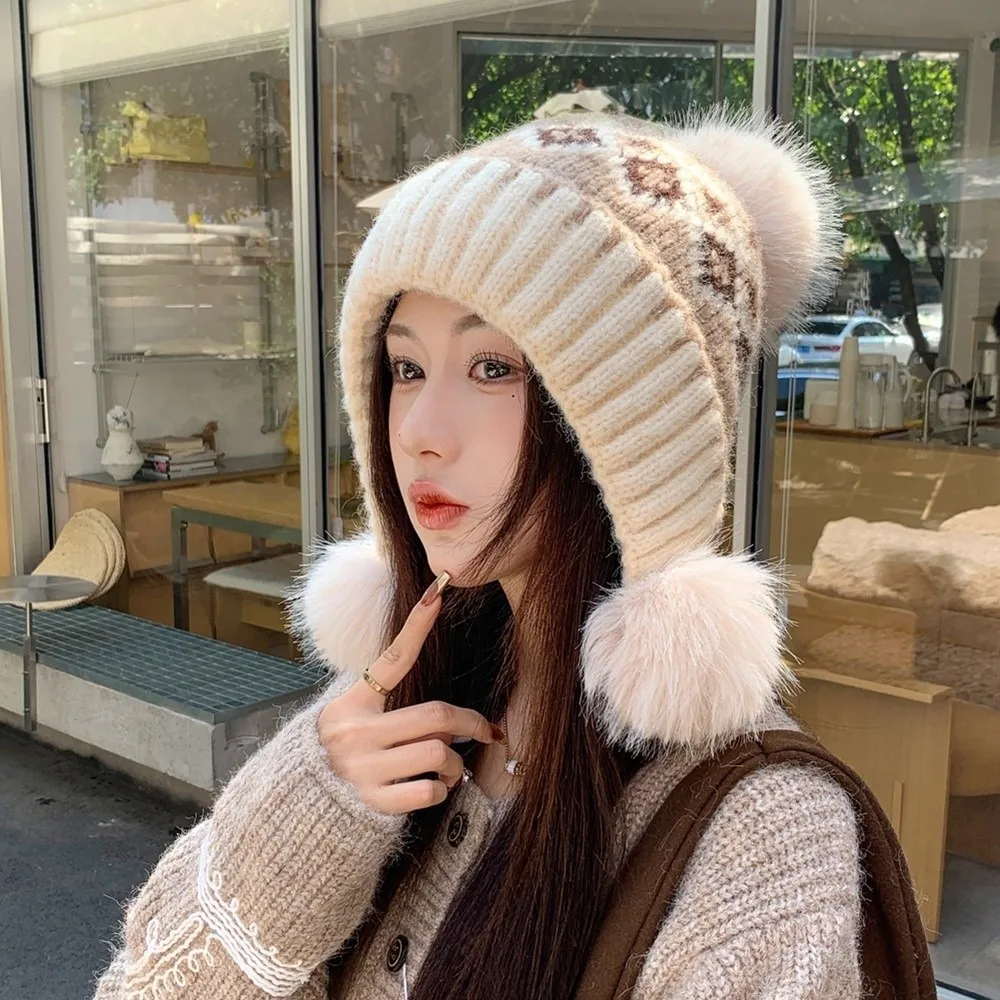 Polyester Fair Isle Trapper Hat Large Head Circumference 56cm To 58cm Winter Knitted Hat Warm Ear Flap Hat For Women
