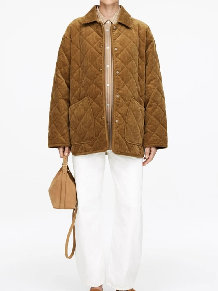 

autumn new fashion European and American style women's casual temperament simple loose corduroy lapel long-sleeved jacket