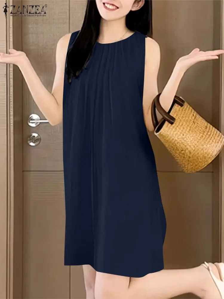 

Women Chiffon Mini Dress ZANZEA Fashion Sleeveless Tank Sundress Vintage Solid Pleating Robe 2024 Summer O-neck Korean Vestidos