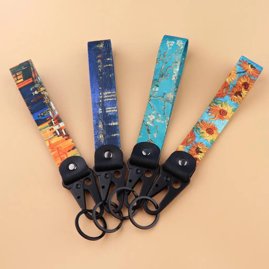 Van Gogh Korte Lanyard Olieverfschilderij Sterrenhemel Polsband Sleutelhanger Lanyard Tags Sleutelband Auto Motorfiets Sleutelhanger Accessoires