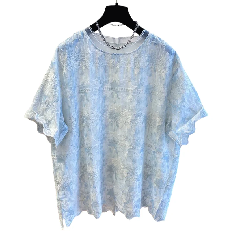 

SuperAen элегантный кружевной лоскутный синий топ с короткими рукавами для женщин, лето 2025, новые свободные повседневные футболки с вышивкой