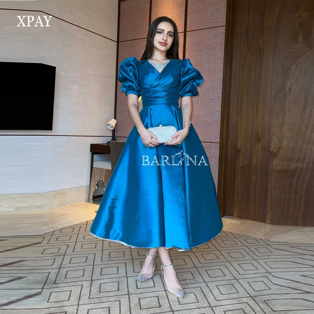 XPAY Vintage Blue Short Evening Party Dresses Saudi Arabic Women V Neck Puff Sleeves Tea length Prom Gowns Formal Birthday Party