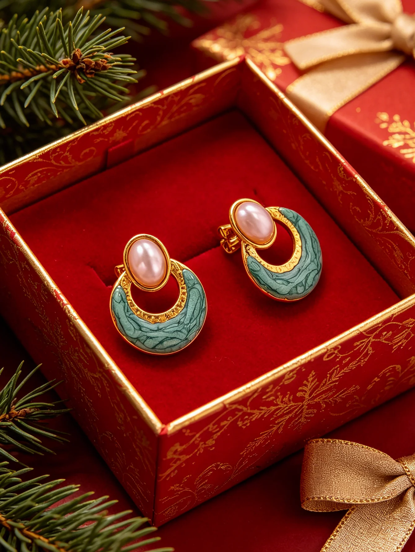 Pendientes de Perlas Ovaladas y Esmalte Verde Azulado con Detalles en Mármol Dorado, Novedad 2026, Hipoalergénicos, de Acero Inoxidable, Resistentes al Agua