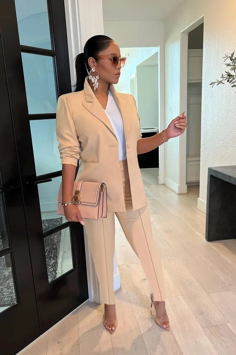 Office Lady Solid Blazer Suit Elegant Two Piece Set Single Button Long Sleeve Coat Pencil Pants Fashion Business Work Uniforms