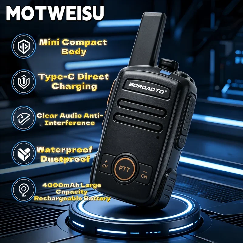 2Pcs Mini Walkie Talkies with Type-C Fast Charge 4000mAh Long Battery Life Waterproof Dustproof 16 Channels Penetration Signal