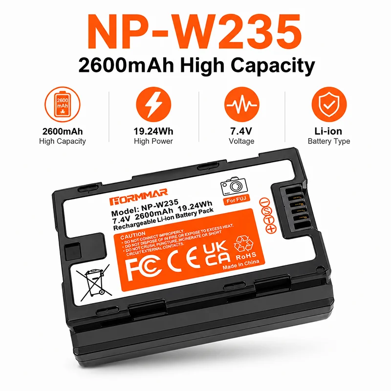 NP-W235 2600mAh Li-ion Rechargeable Battery for Fujifilm X-H2S X-H2 X-T5 X-T4 X-S20 GFX100S GFX50S II Camera