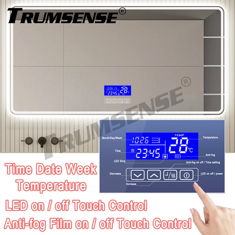 K3014AF LED Light Mirror Touch Sensor Switch Panel Time Temperature Date Anti-fog Film On Off Control for Hotel Home Bathroom