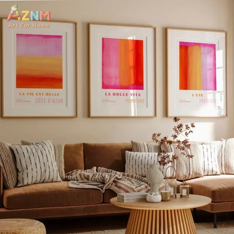 AZNM French Sunset Gradient Canvas Wall Art La Dolce Vita Positano Provence Color Block Text Print Unframed Canvas Painting for