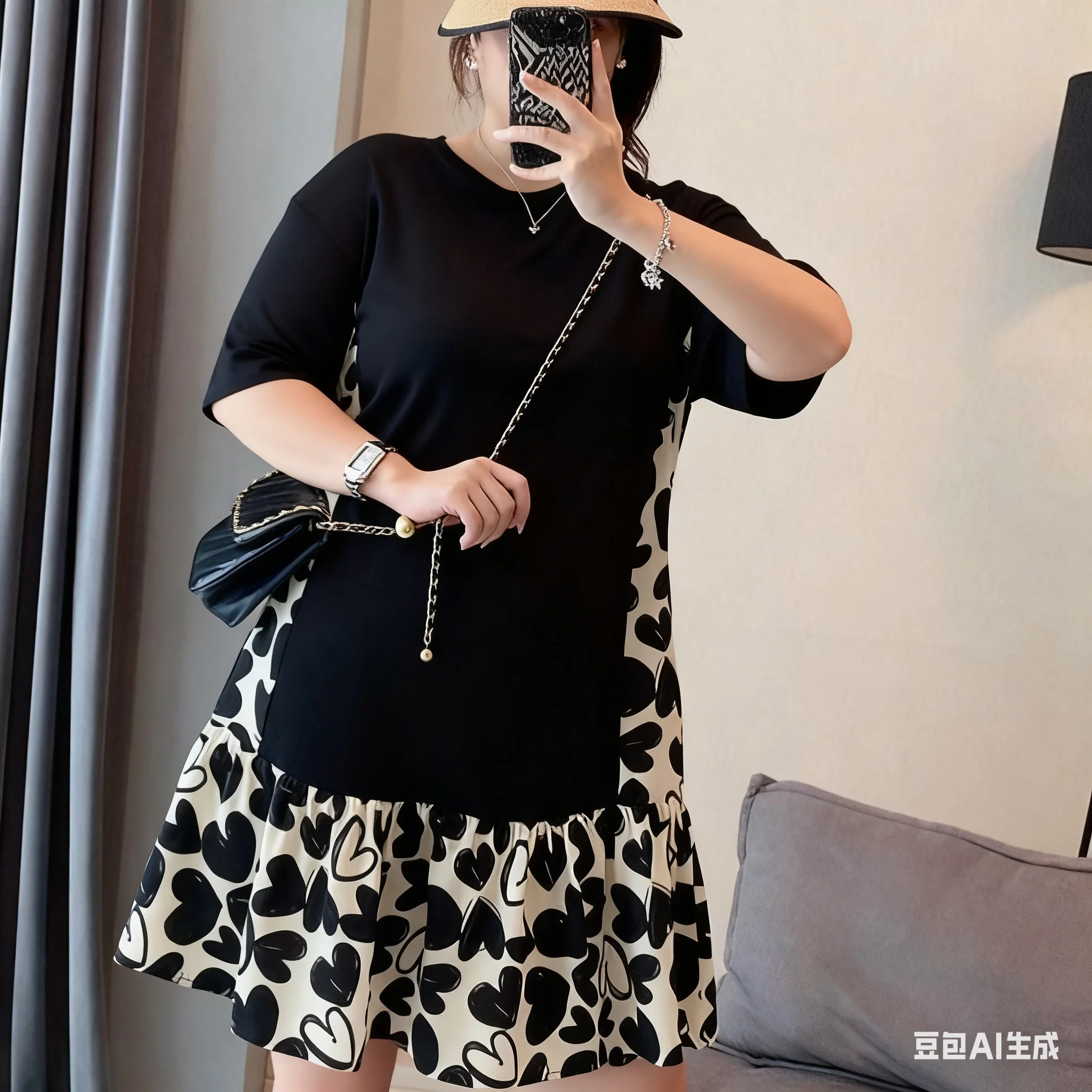 【Vestido de gran tamaño】 (40-150 kg) Mini vestido de manga corta de talla grande, vestido suelto de moda coreana con empalme floral