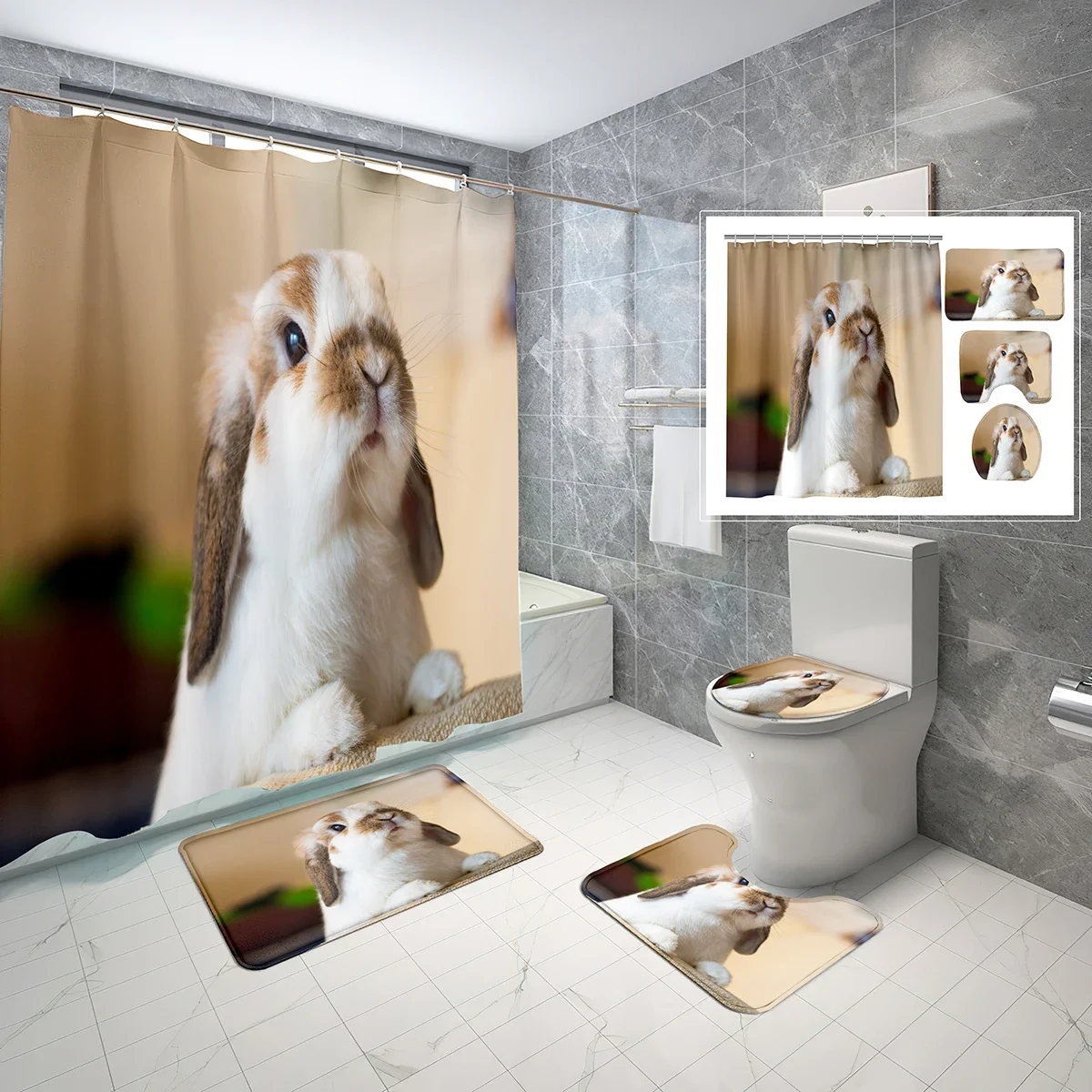 

Милый набор для ванной с кроликами: 4 предмета, включая нескользящий коврик, чехол на крышку унитаза, водонепроницаемая занавеска с кавайными кроликами для декора на Пасху