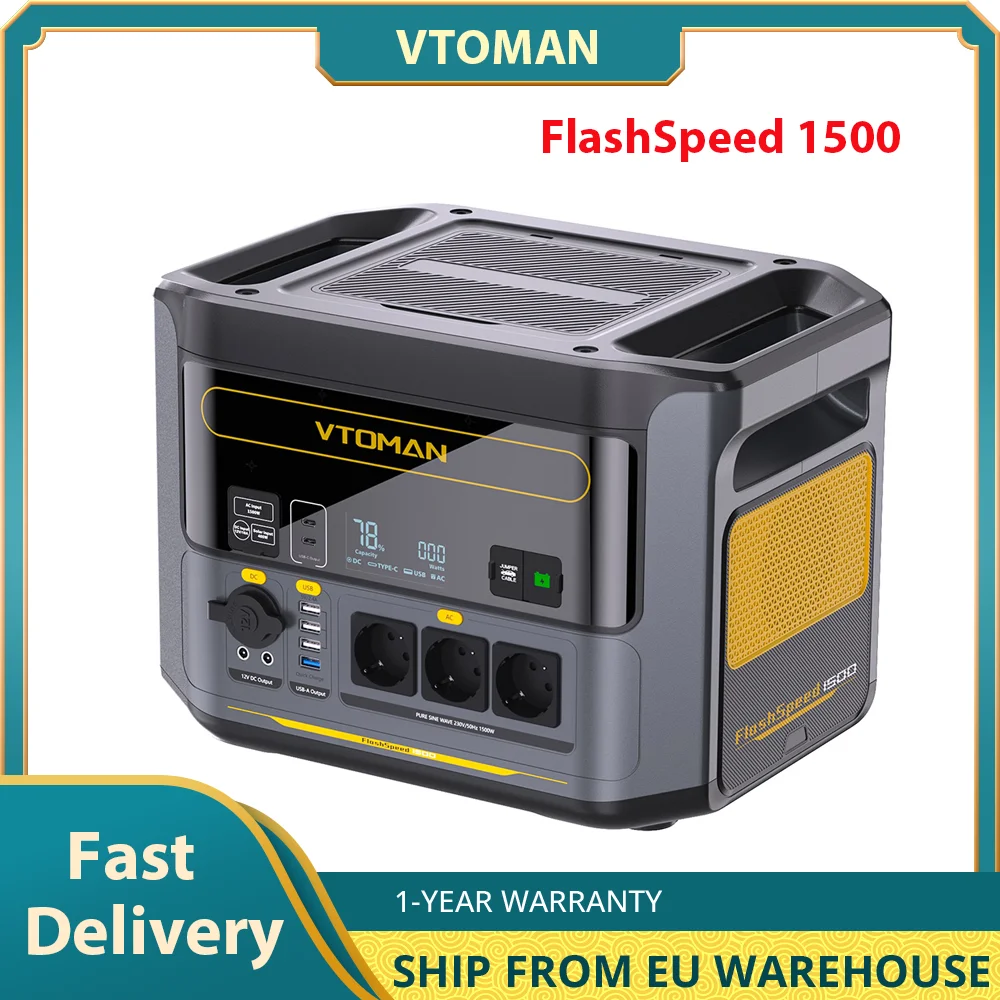 VTOMAN FlashSpeed 1500 Portable Power Station, 1548Wh LiFePO4 Battery, 1500W Output, 12V DC and 100W Type-C Ports,SuperSafe