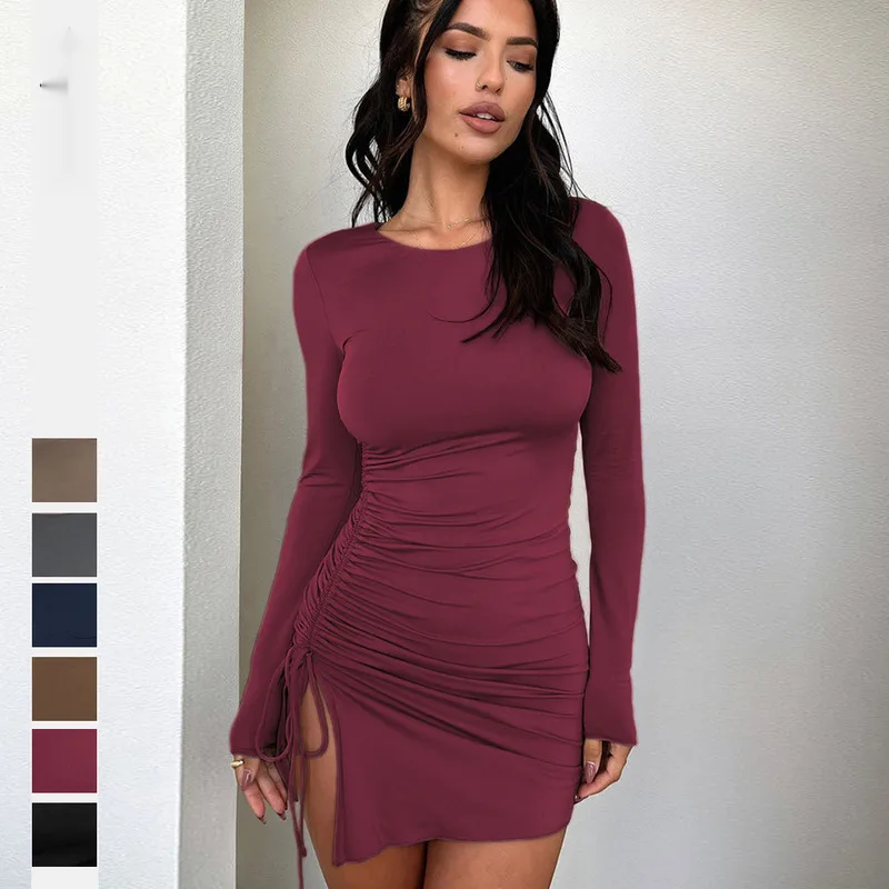 

Fashionable And Sexy Women's Pleaed Round Neck, Spicy Girl Desire O Wrap Her Buocks Dress Rendatight Stretch Party Front Porch