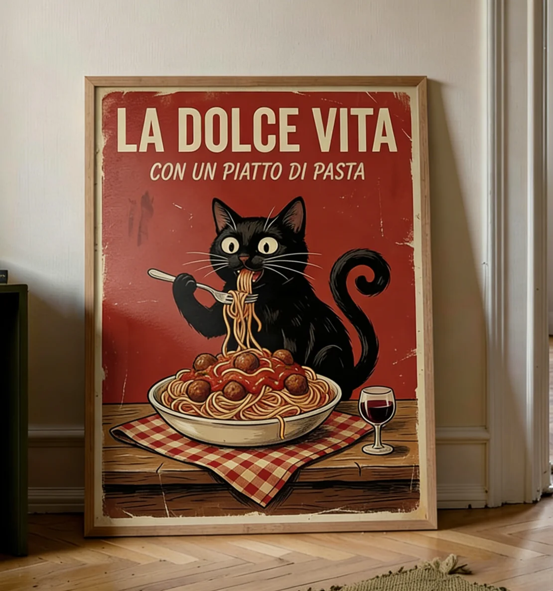 "La Dolce Vita" Pasta-Loving Black Cat WALL ART PRINT DECOR – Póster retro juguetón con temática italiana, una pieza de declaración caprichosa f