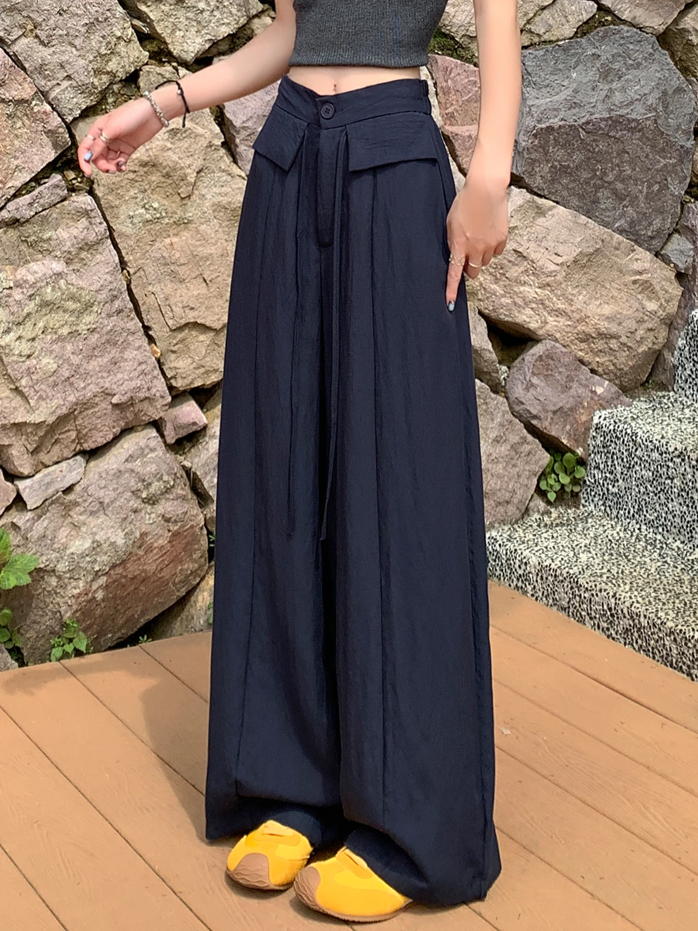 

Cobalt Blue Tailored Bend Knife Pants Women Summer Lightweight High Waist Draped Flax Straight Leg Ice Silk Cotton Linen Wide...