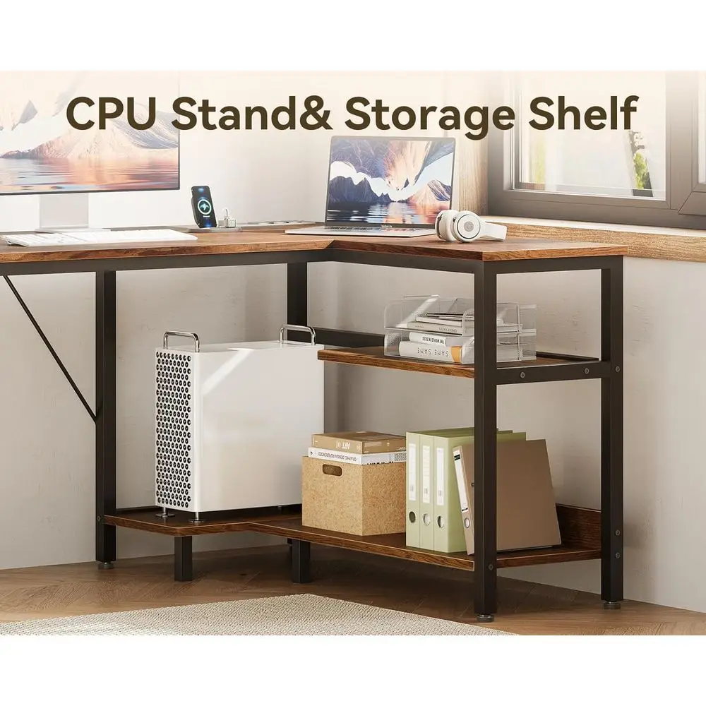 مكتب على شكل حرف L للمكتب المنزلي باللون البني الريفي مع مساحة تخزين وأدراج وخزانة ملفات ومنافذ طاقة