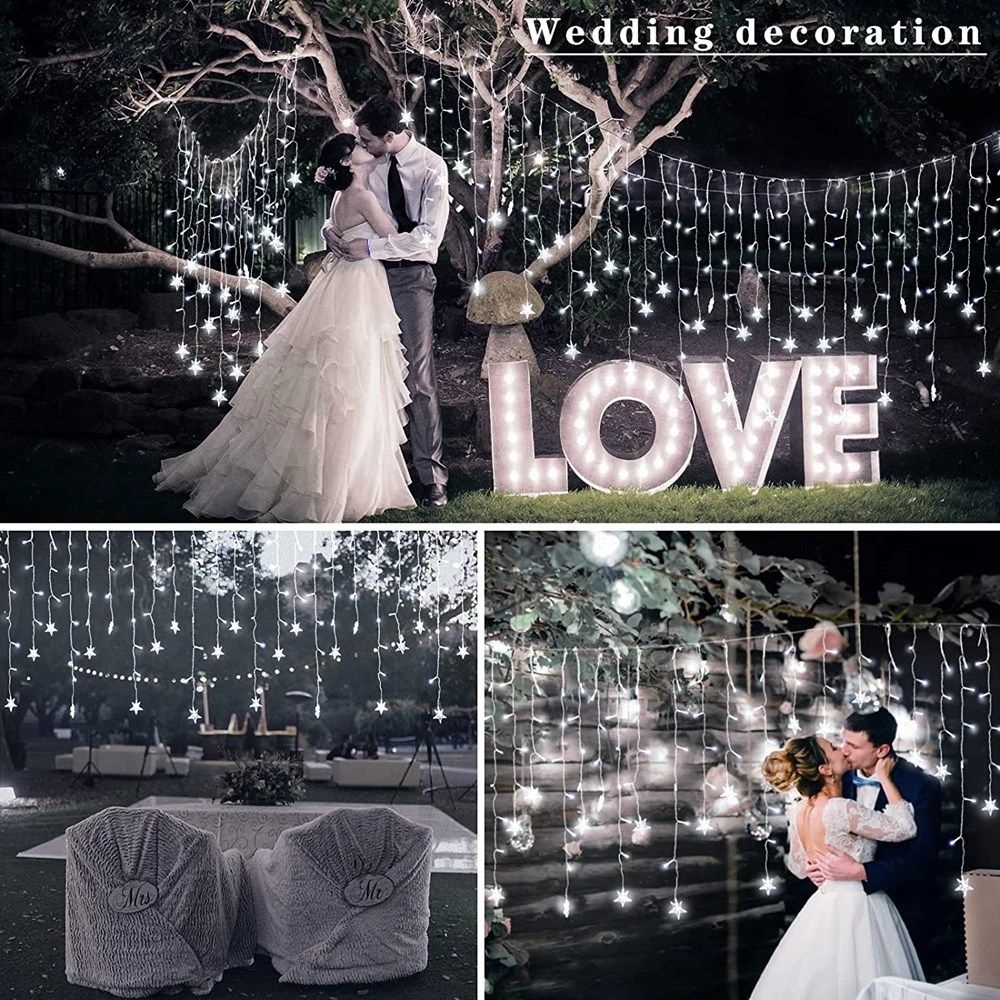 USB Star Curtain Light, 4MX0.6/0.5/0.4M Wave Pentagram Star Light Multi-function Remote Control Curtain String Fairy Tale Light