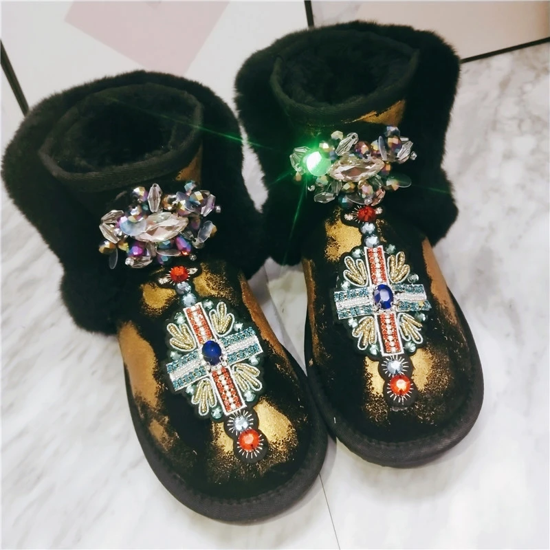 2023 Winter Round Toe Genuine Cowhide Leather Warm Plush Women Snow Boots Fashion Crystal BlackLuxury Fur Casual Cotton Shoes