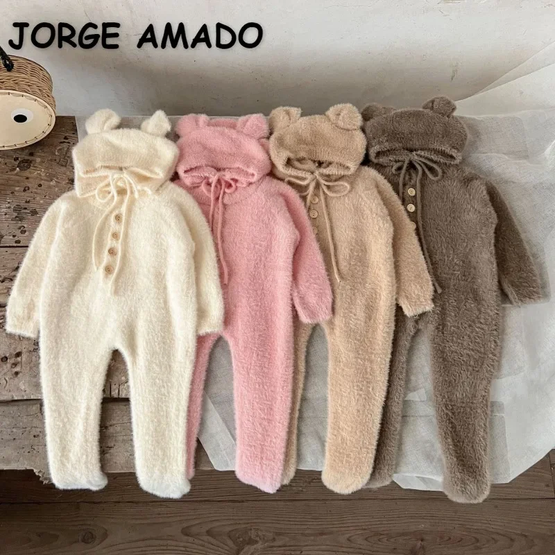 Winter Infant Warm Jumpsuit Solid Color Plush O-neck Long Sleeve Footies Rompers with Cute Little Bear Hats Baby Clothes H22653