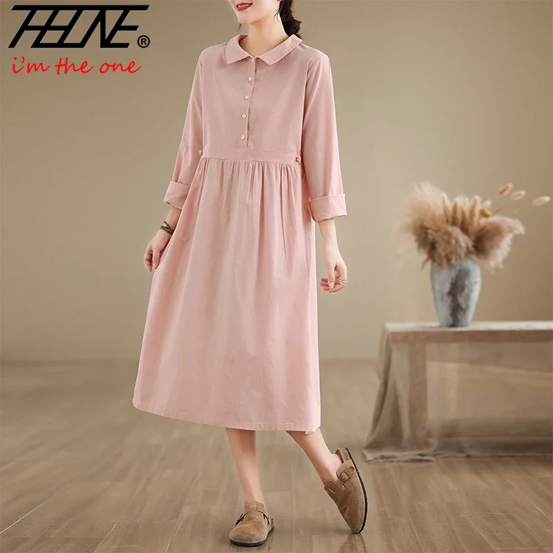 Autumn Dress Women Long Sleeve Casual Solid Cotton Linen Peter Pan Collar Vintage Korean Loose Chinese Dresses Vestidos De Mujer image 6