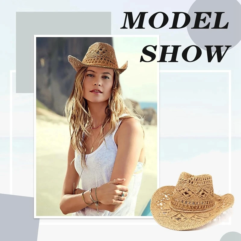 Straw Cowboy Hats For Women Western Cowgirl Hat For Holiday Party Foldable Vacation Beach Sun Hat With Wide Brim Easy Install