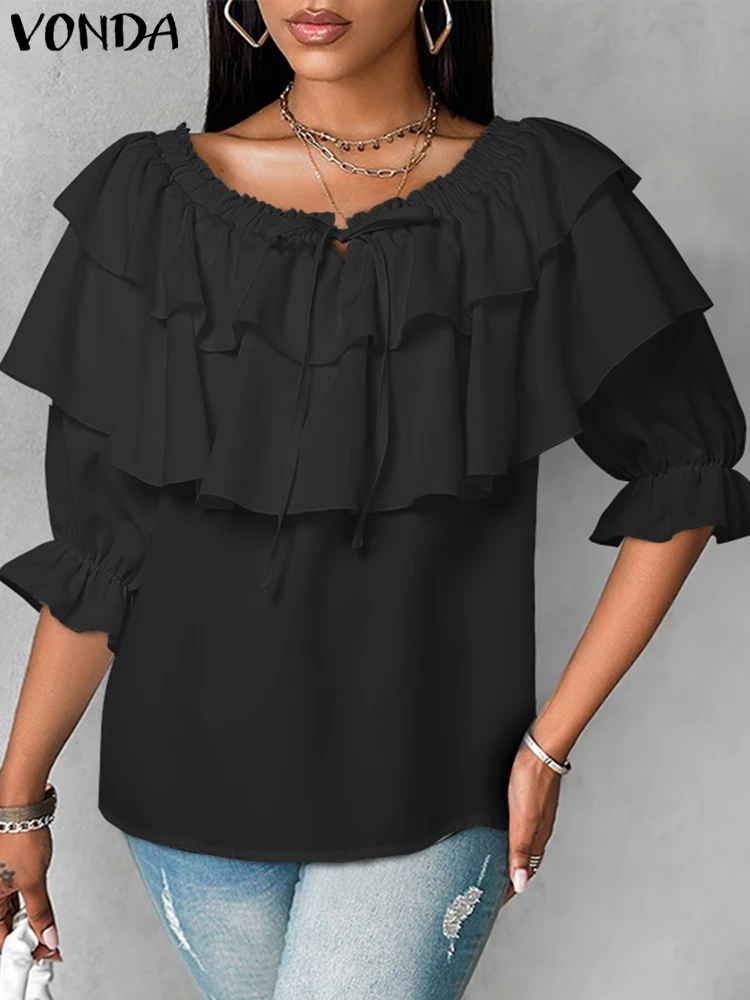 Plus Size 5XL VONDA Women Blouse Fashion Solid Color Off Shoulder Tunic 2024 Casual Multi-layer Ruffle Shirts Bohemian Tops