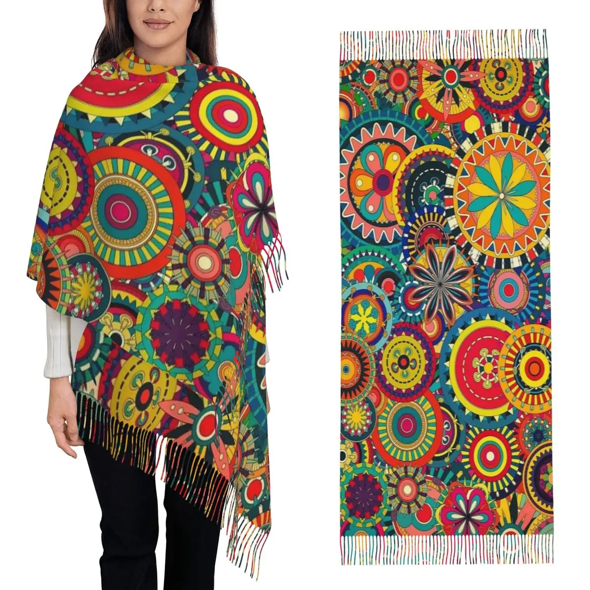 

Psychedelic Summer Color Mandala Print Scarf Tassel Scarves Women Soft Warm Shawls and Wraps Large Fall Winter Shawl Wrap