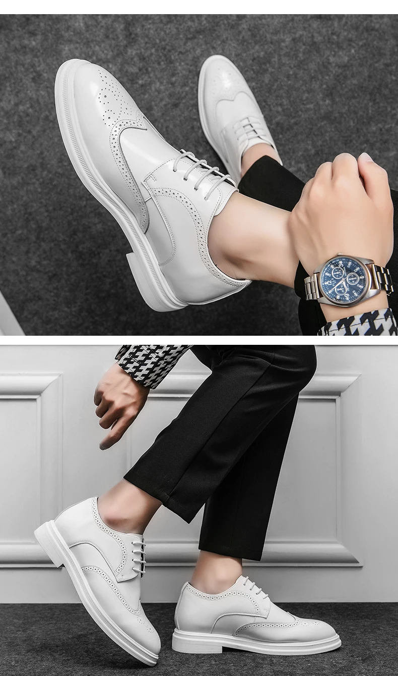Brogue-Schuhe für Herren, weißes Lackleder, 6 cm, versteckte Höhenerhöhung, Einlegesohlen, formelle Kleidung, lässige Oxfords für Hochzeit, Business – Detail 23