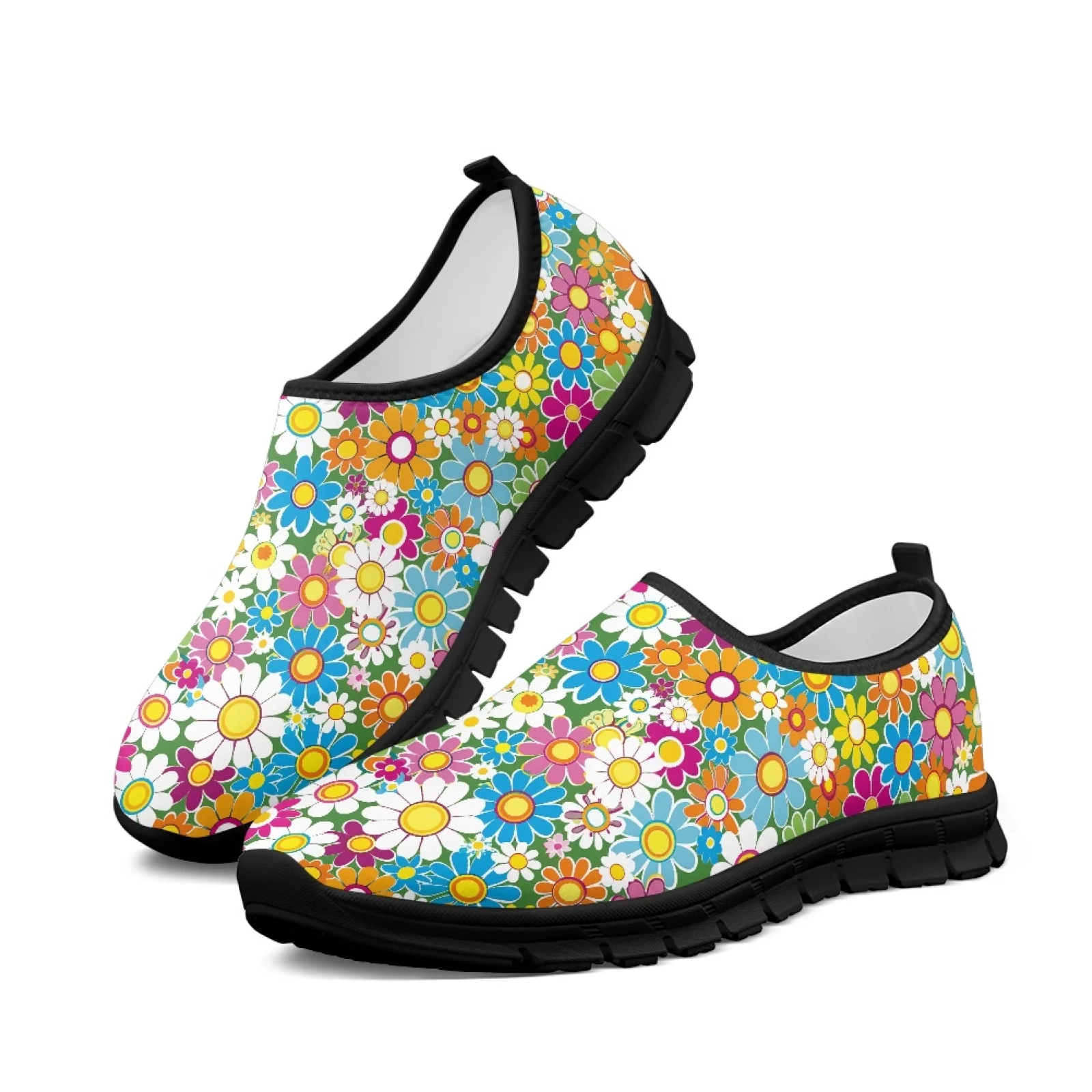 

Cute Hippy Flower Print Ladies Sneakers Mesh Gym Trainer Women Loafers Slip On Flats Large Size Beach Sport Low-cut Casual Shoes