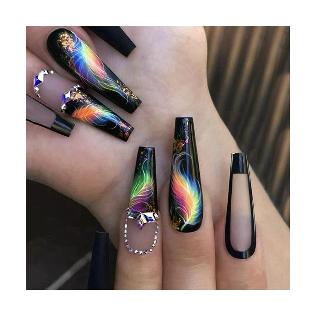 

24Pcs Colorful Feathers False Nails Long Coffin Nail Tip Detachable Press on Nails DIY Manicure Glitter Nails