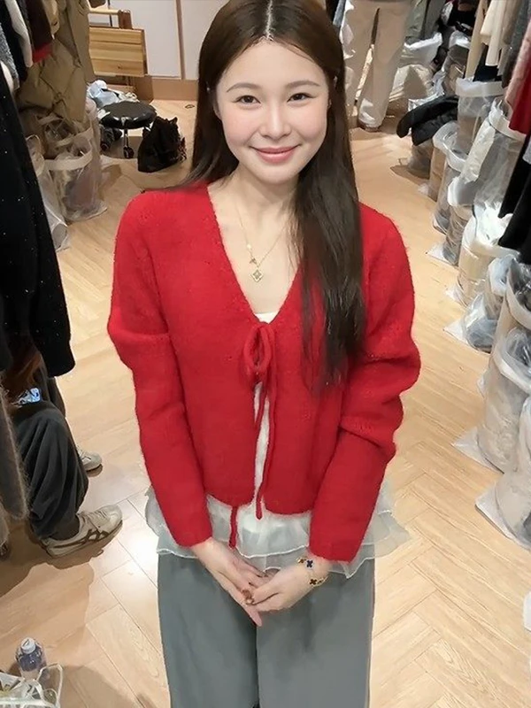 

Ele Red Knitted Open Cardigan Women's Spring 2026 New Sle Age-Defng Unique Beautiful Sweater Top Quali Faion