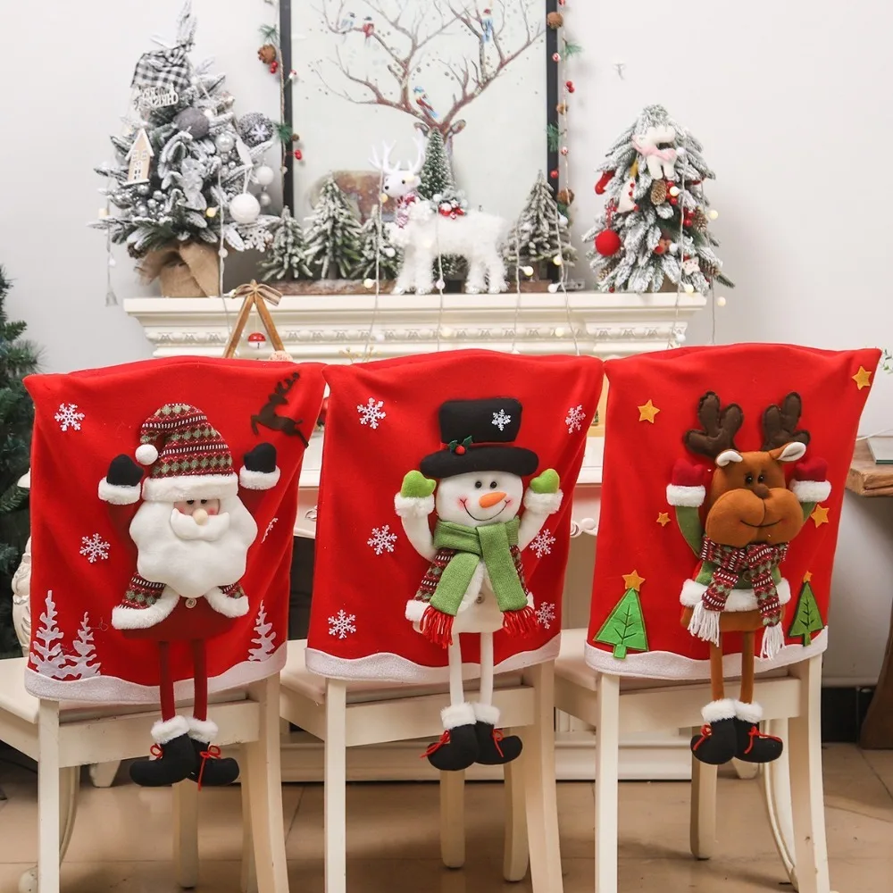

Cartoon Christmas Chair Cover Cloth Santa Claus Xmas Dinner Chair Seat Cover Xmas Decoration Snowman Christmas Table Decor