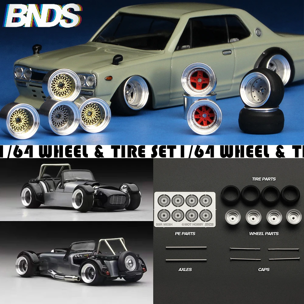 BNDS 1/64 Metal Wheel Hubs Rubber Tires Alloy Design Rims Modified Parts JDM VIP Style for Model Cars Vehicle 1:64 4pcs Set