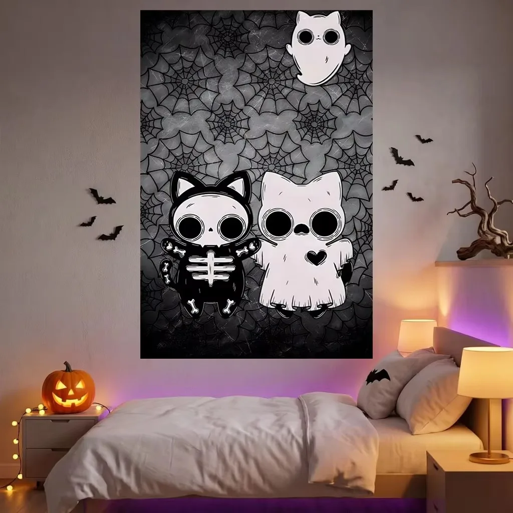 Gothic Kawaii Halloween Tapestry, Black White Skeleton Ghost Web Cartoon Wall Hanging for Bedroom Dorm Spooky Aesthetic Decor