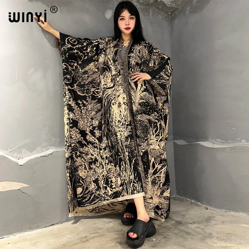 WINYI Winter print cloak High Quality poncho Luxury Long Loose OverCoat Thick Warm Female long down coat for women abrigo mujer