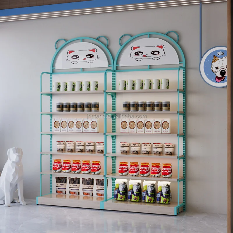 customized.Custom Metal Pet Snack Care Products Display Stand Pet Store Shelving Retail Pet Products Display Racks