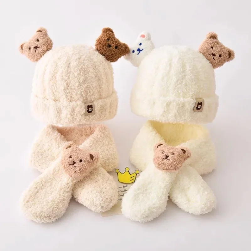 Autumn Winter Baby Hat Scarf Two-piece Set Cartoon Bear Kids Beanies Cap Infant Toddler Warm Woolen Hats Boys Girls Accessories