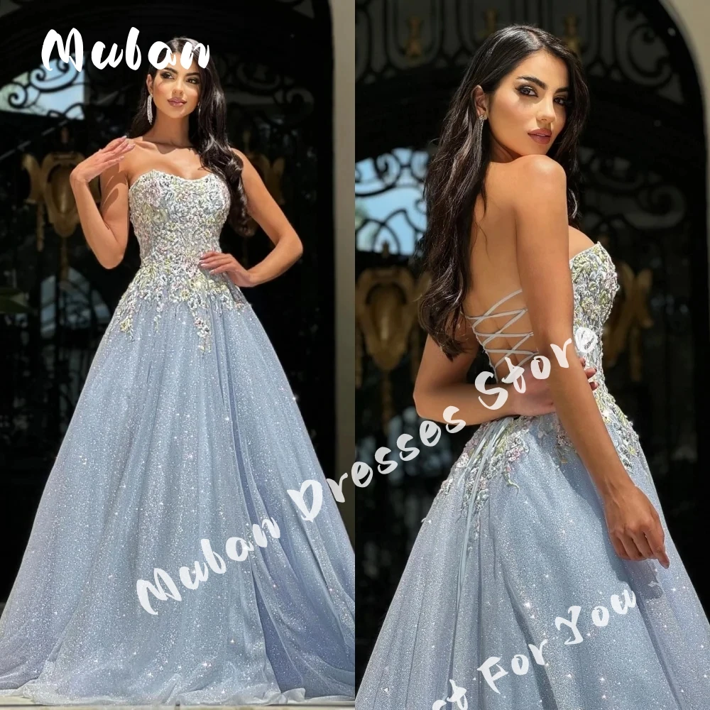 

Sweetheart Floral appliques A-line Prom Dresses Shiny Lace-up Evening Dresses 2024 Formal Occasion Party Gown