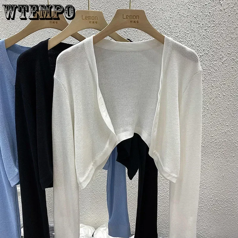 Cardigan corto lavorato a maglia Protezione solare Cappotto sottile Tinta unita Top a maniche lunghe da donna Semplice casual Prospettiva di base Colletto aperto