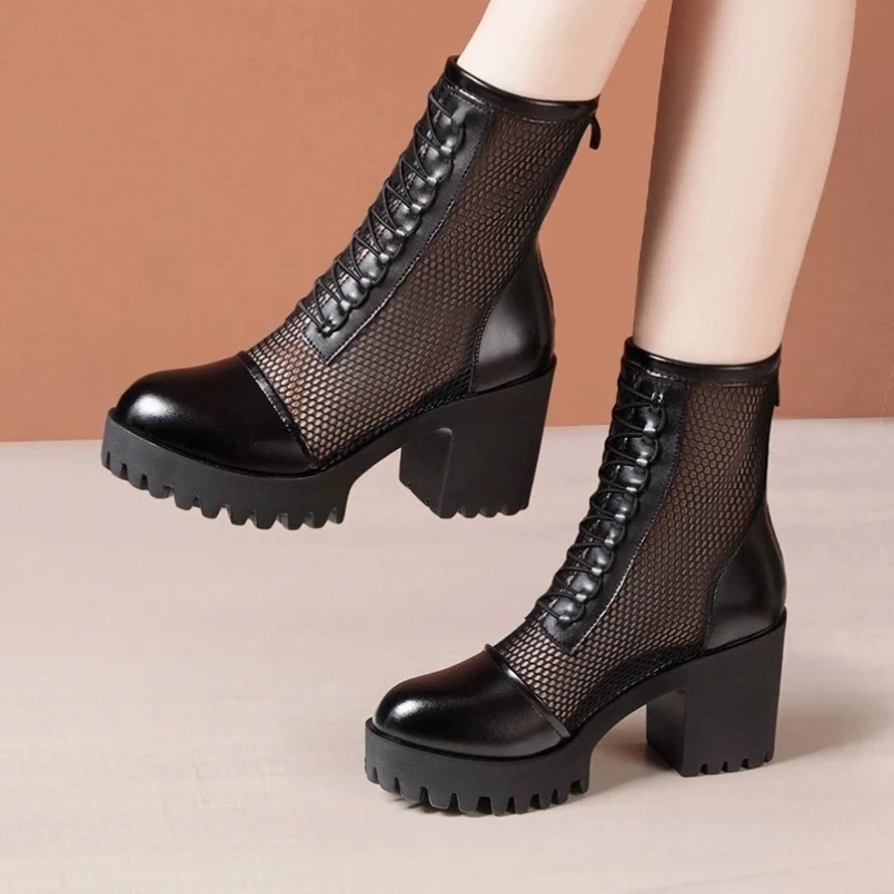

2024, маленькие размеры 32–43, сандалии из натуральной кожи, летние женские туфли на высоком блочном каблуке, черные туфли на платформе с вырезом в сетку и короткими штанинами