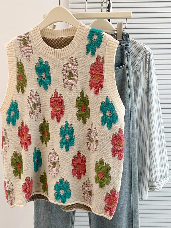 2025 가을 겨울 플러스 사이즈 여성용 라운드 넥 풀오버 베스트 탑 아젤 플로럴 자수 스웨터 자켓